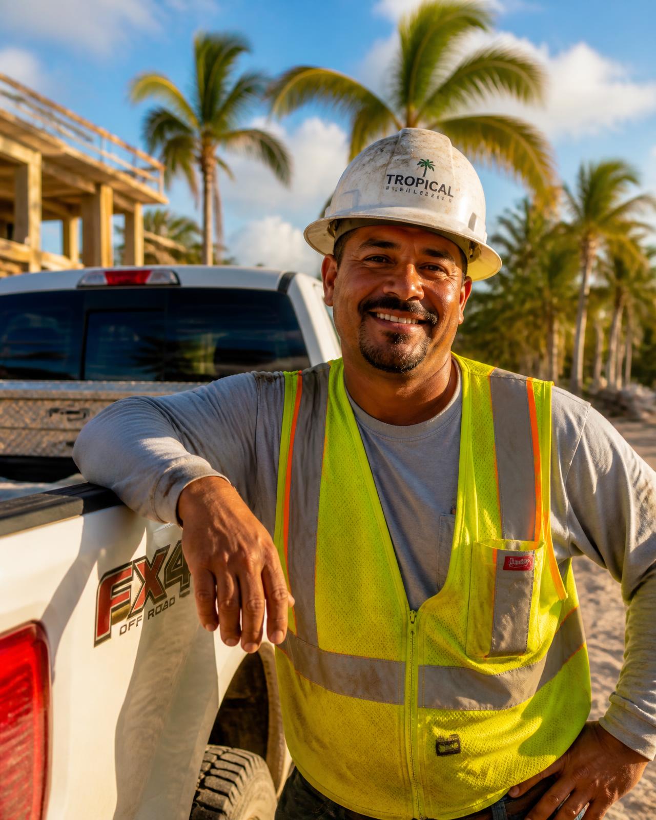 Trabajador de construcción latino junto a su camioneta de trabajo