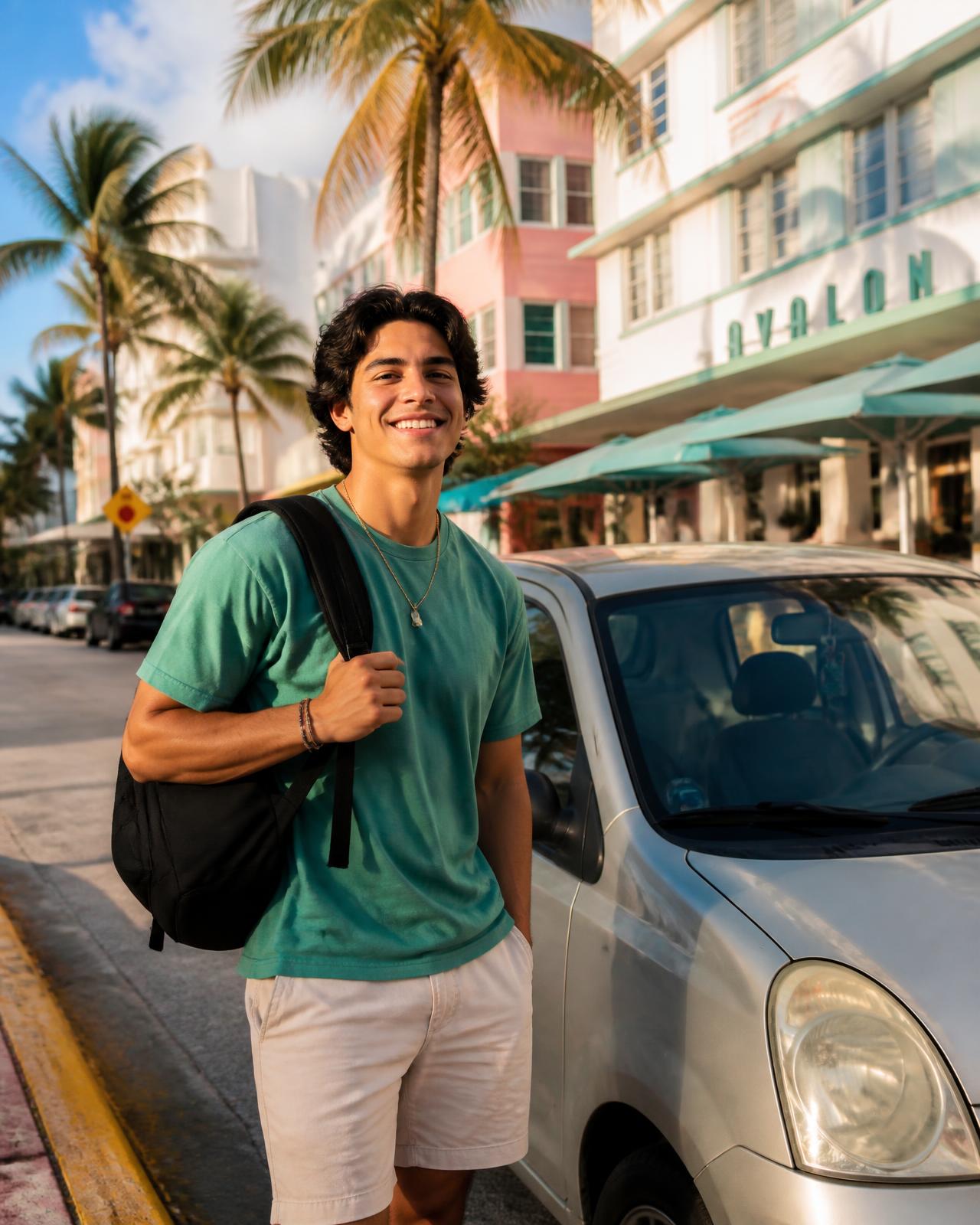 Estudiante latino junto a su primer auto