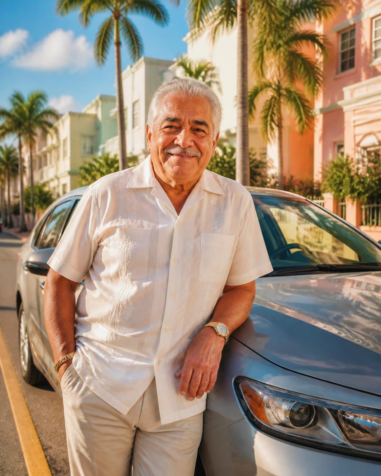 Señor latino mayor sonriendo junto a su sedán
