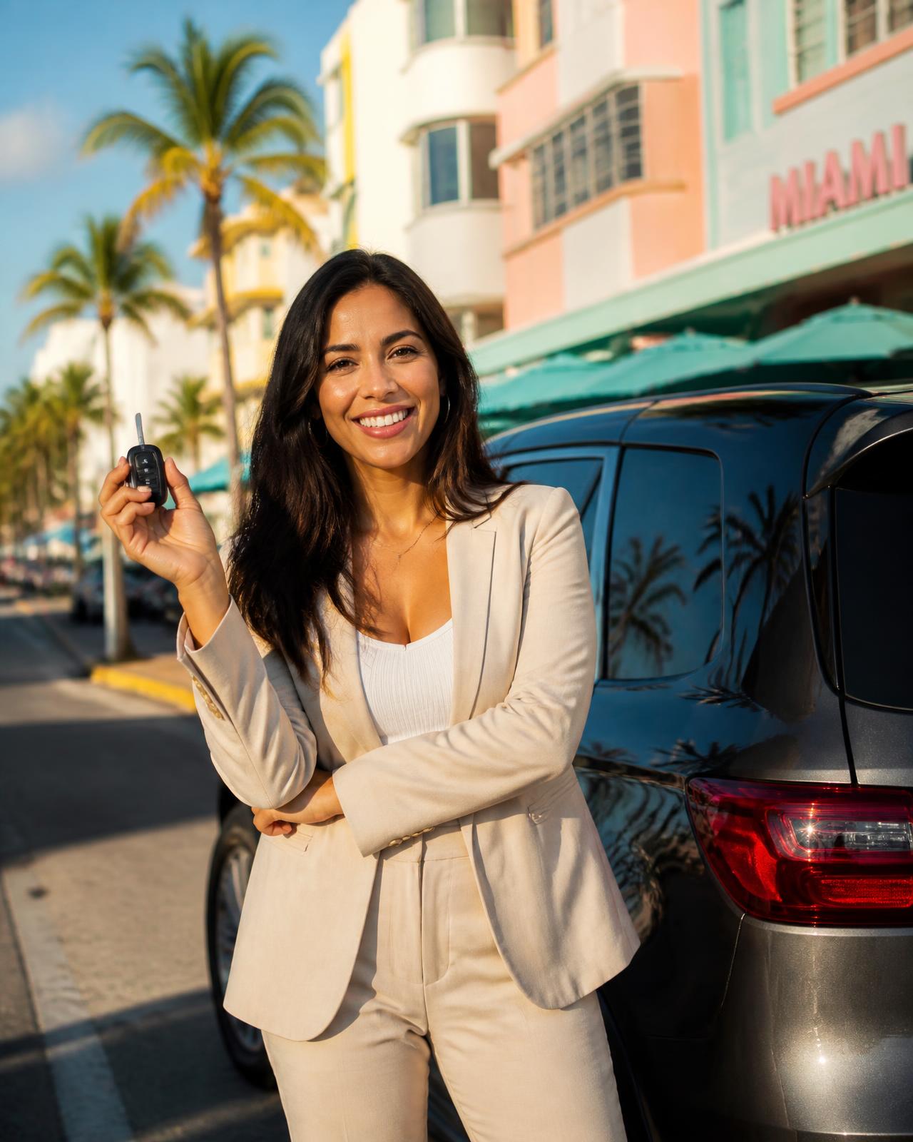 Mujer latina profesional con las llaves de su camioneta